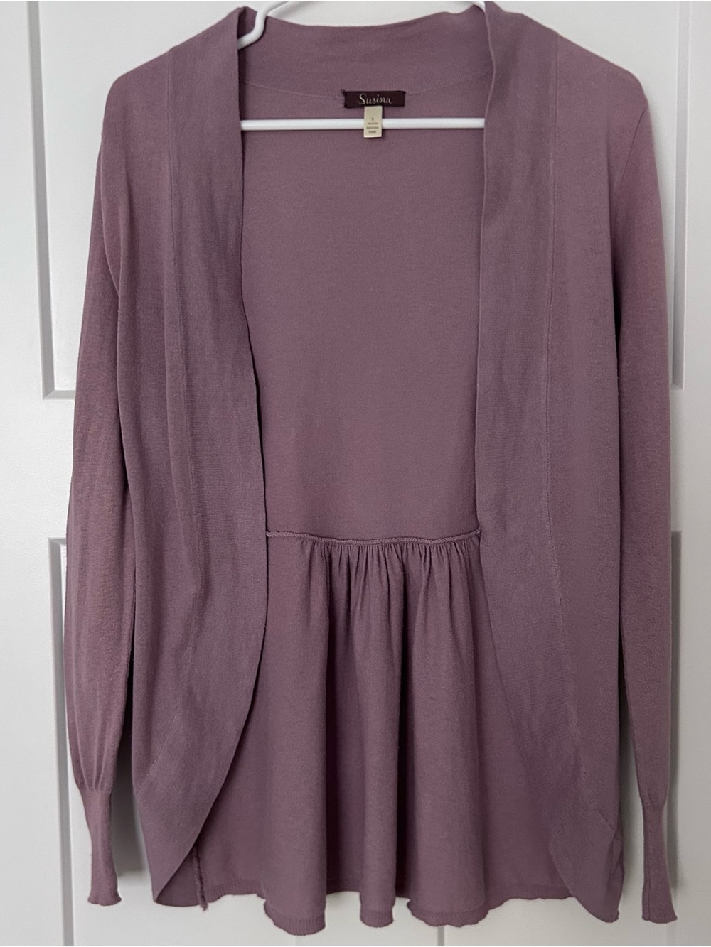 Susina Dusty Mauve Open-Front Peplum Cardigan